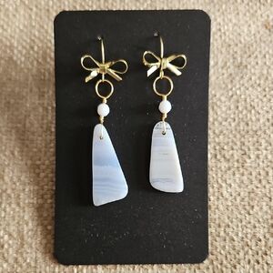 Gold Bow Blue Lace Agate Drop Earrings